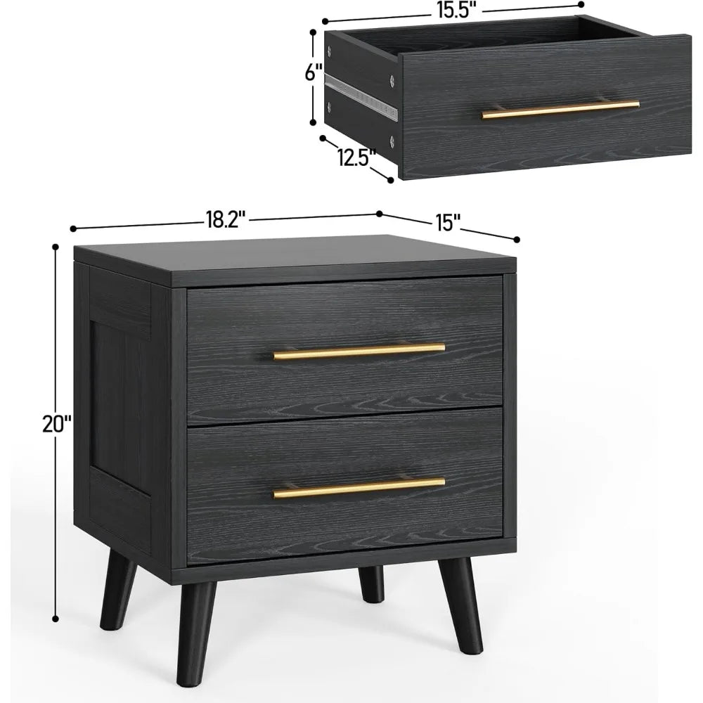 Bedside Table With Metal Handles Bedroom Furniture Black Modern Wood Night Stand 2 Drawer Dresser for Bedroom Home