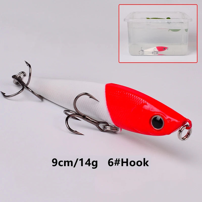 1 Pcs Luminous Bait Red Head White Body Floating Water Mino Plastic Hard Bait Bionic Bait Luminous Submerged Pencil Fishing Gear