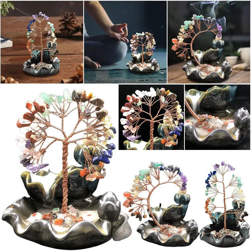 7 Chakra Tree Ceramic Incense Home Decor Healing Crystal Stone Money Tree Incense Burner House Warming Gift for Wealth Good Luck