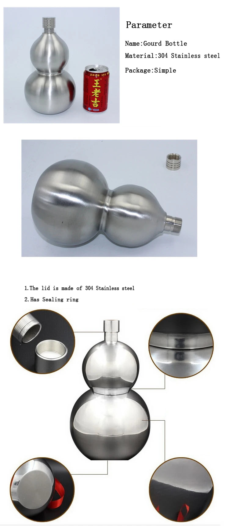 304 Stainless Steel Gourd Hip Flask, Metal Wine Bottle, Outdoor Portable Alcohol Flask, Vodka Bottle, Whiskey Flask