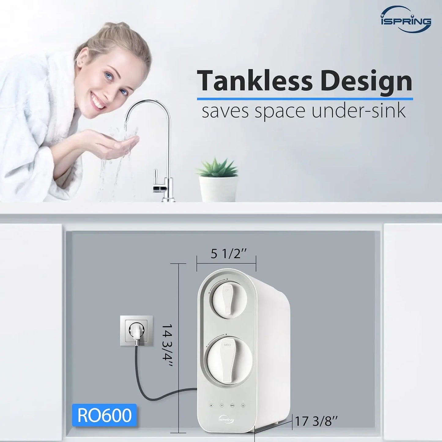 Tankless Reverse Osmosis System Under Sink 600 GPD Fast Flow RO System 2.5:1 Pure to Drain Ratio RO Water Filter System