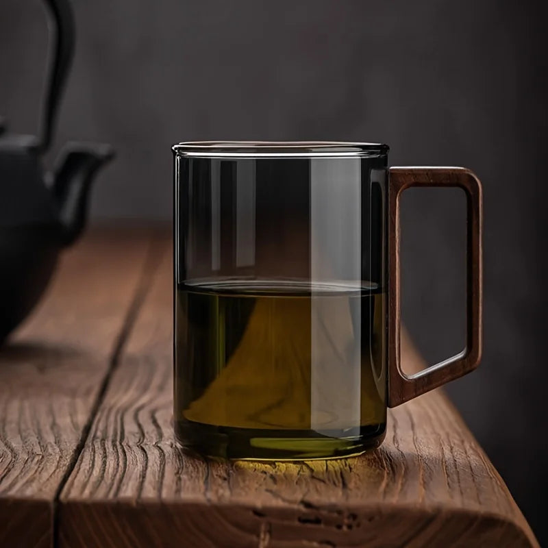 1pc 13.52oz Glass Cup with Wood Handle Household Heat-resistant Water Mug Large Capacity Tea Making Cup Office Drinking Glasses