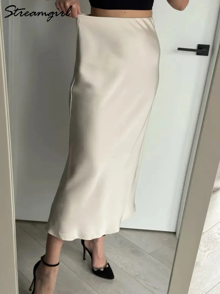 Women Summer Beige Long Skirts Trends 2024 High Waist Maxi Summer Skirt Rayon Silk Pencil Side Slit Satin Skirts For Women