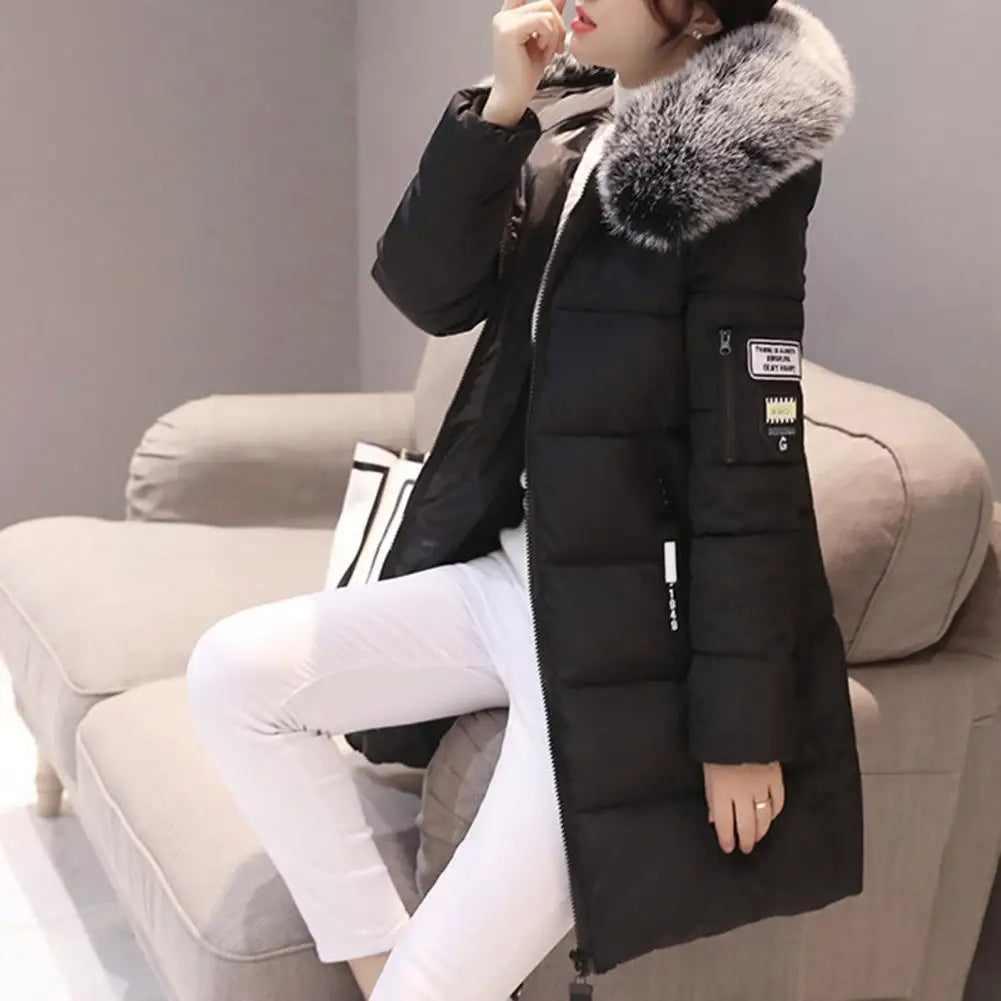 Women Winter Cotton Coat Hooded Mid Length Outerwear Windproof Warm Long Sleeve Jacket Solid Color Slim Fit Lady Down Coat