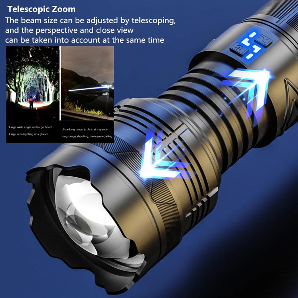 Powerful LED Flashlight Super Bright Spotlight Long Range Zoomable Emergency Torch Outdoor Tactical Lamp lantern Power Display