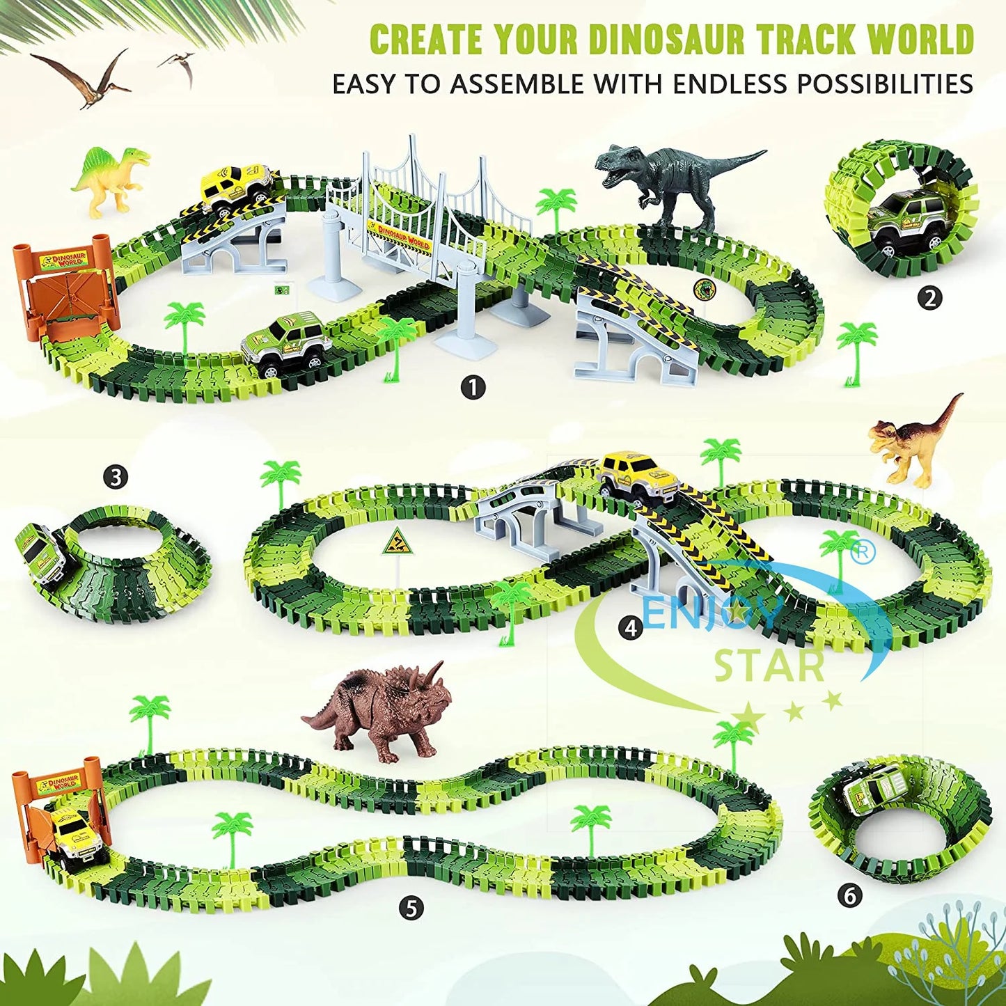 156pcs Dinosaur Railway Car Track Toy Set DIY Assemble Road Race Set with Flexible Track Dinosaur Toys Bridge Ramps Toys for Kid