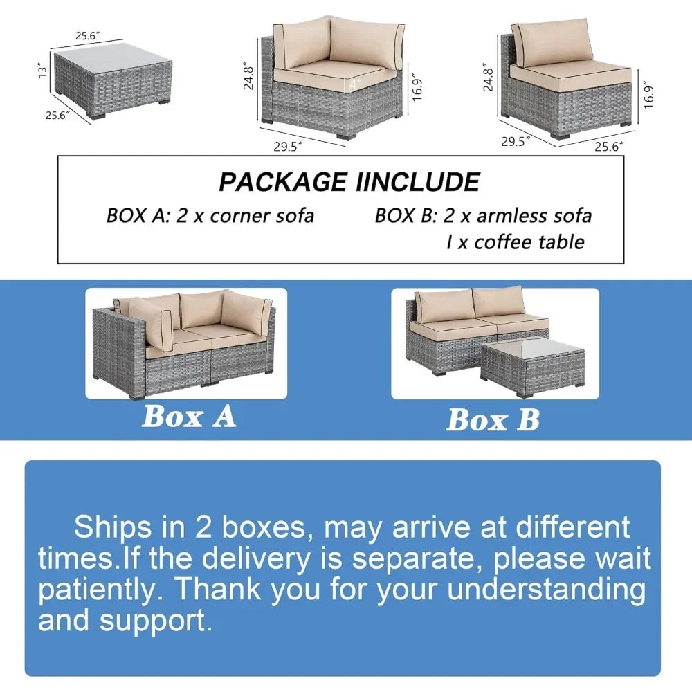 5 Pieces Outdoor Patio Sectional Sofa Couch, PE Wicker Furniture Conversation Sets with Washable Cushions & Glass Coffee Table