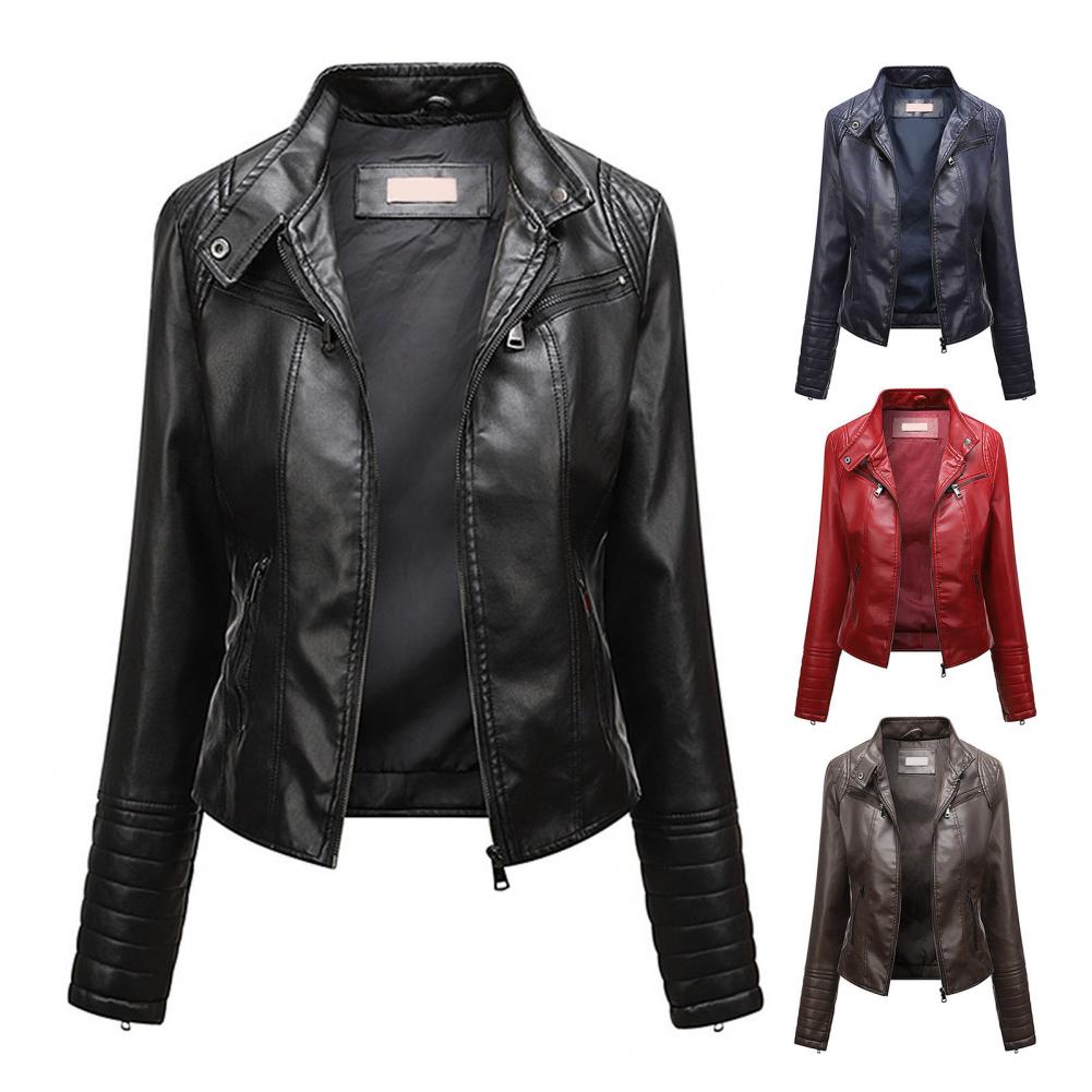 Women Leather Jacket Autumn Outwear Solid Color Slim Fit Faux Leather Jacket Stand Collar Long Sleeve Pockets Zipper Biker Coat