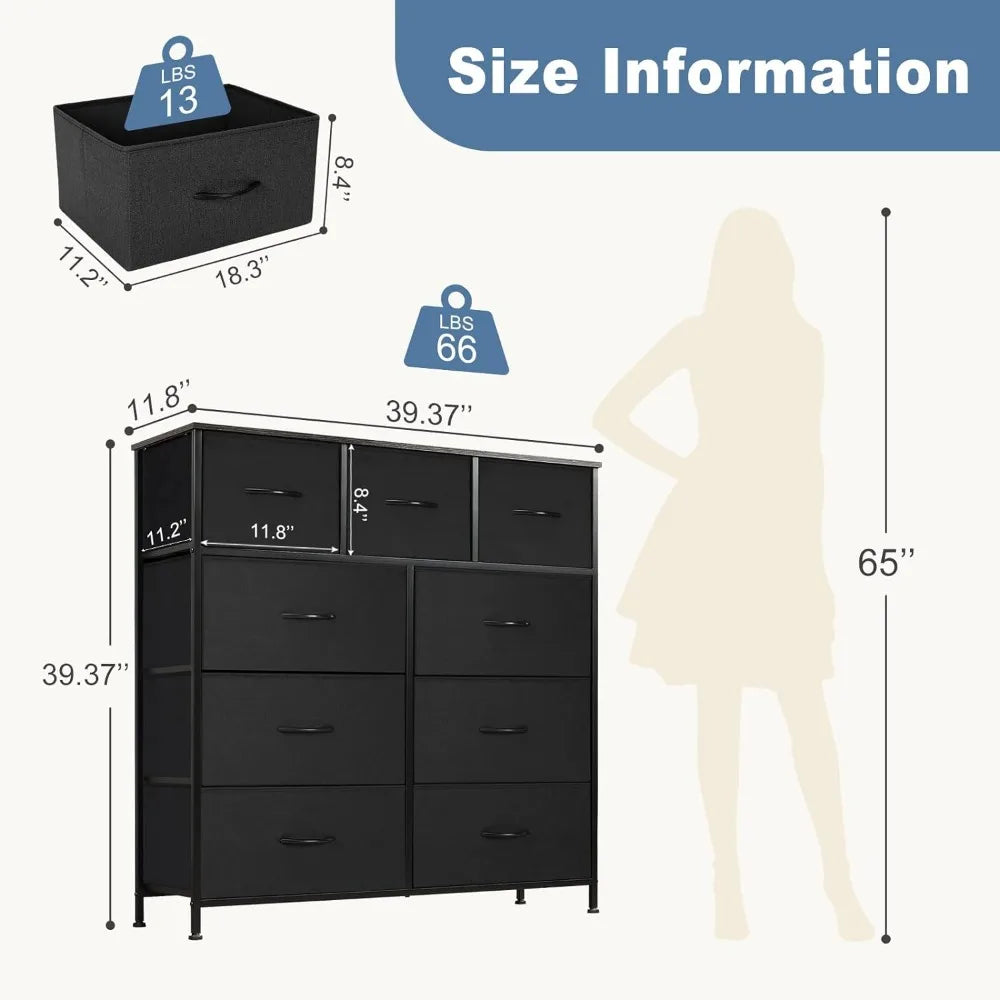 Dresser for Bedroom with 9 Drawers, Clothes Drawer Fabric Closet Organizer, Cloth Dresser with Metal Frame and Wood Tabletop