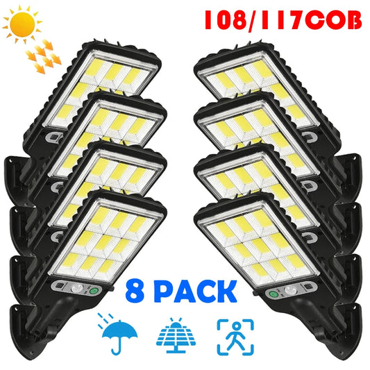 LED Solar Street Lights Outdoor 117COB 8 Pack Solar Lamp With 3 Light Mode Waterproof Motion Sensor Security Lighting for Garden