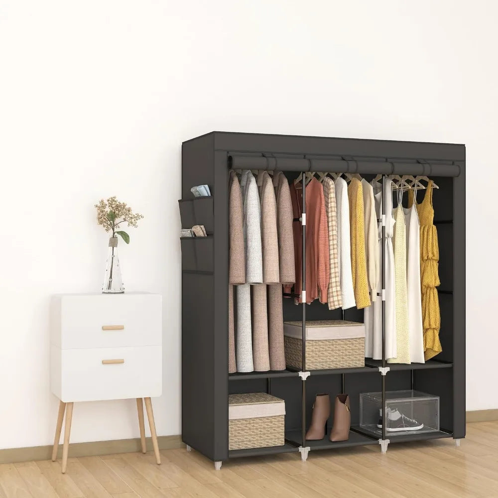 67 in Portable Closet Wardrobe for Hanging Clothes, Wardrobe Closet , 4 Hanging Rods and Side Pockets, 8 Storage Shelves