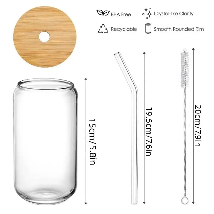 1 Pc Drinking Glasses with Bamboo Lids and Glass Straws, Glass Cups with Lids and Straws, Beer Glasses, Ideal for Water, Soda