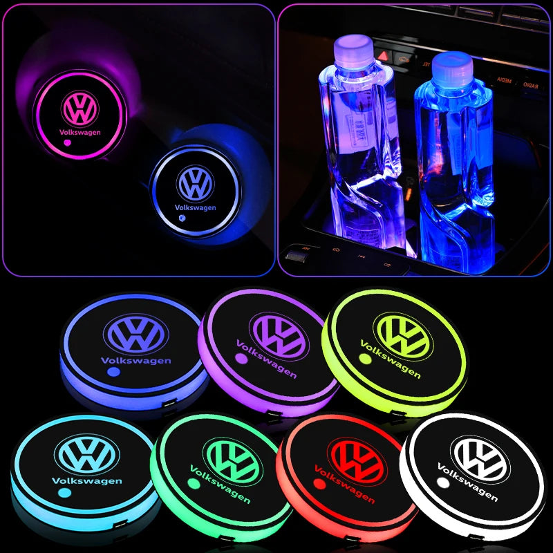 1PCS Led Car Cup Drink Holder Logo Light USB Charging Luminous Coaster For Volkswagen VW MTM Blue Motion Caddy Scirocco Golf 6 7