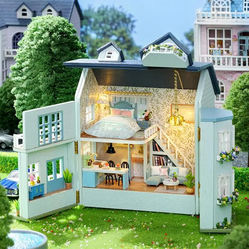 DIY Miniature House Kit Wooden Dollhouse Furniture with LED Mini Home Villa Garden Model Toy for girls Birthday Gift