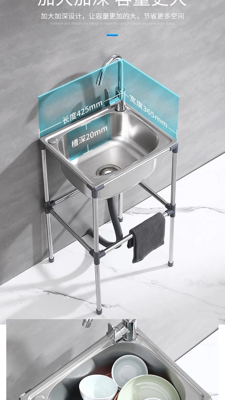 Free Standing Whole Body 100% Stainless Steel 304 Vegetables Wash Basin Kitchen Sink Pool with Bracket