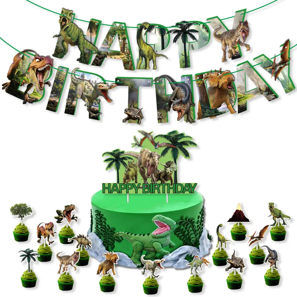 Dinosaur Theme Happy Birthday Banner Dinosaur Party Decor cake toppers Baby Shower Boys Kids Birthday Party Decorations dino