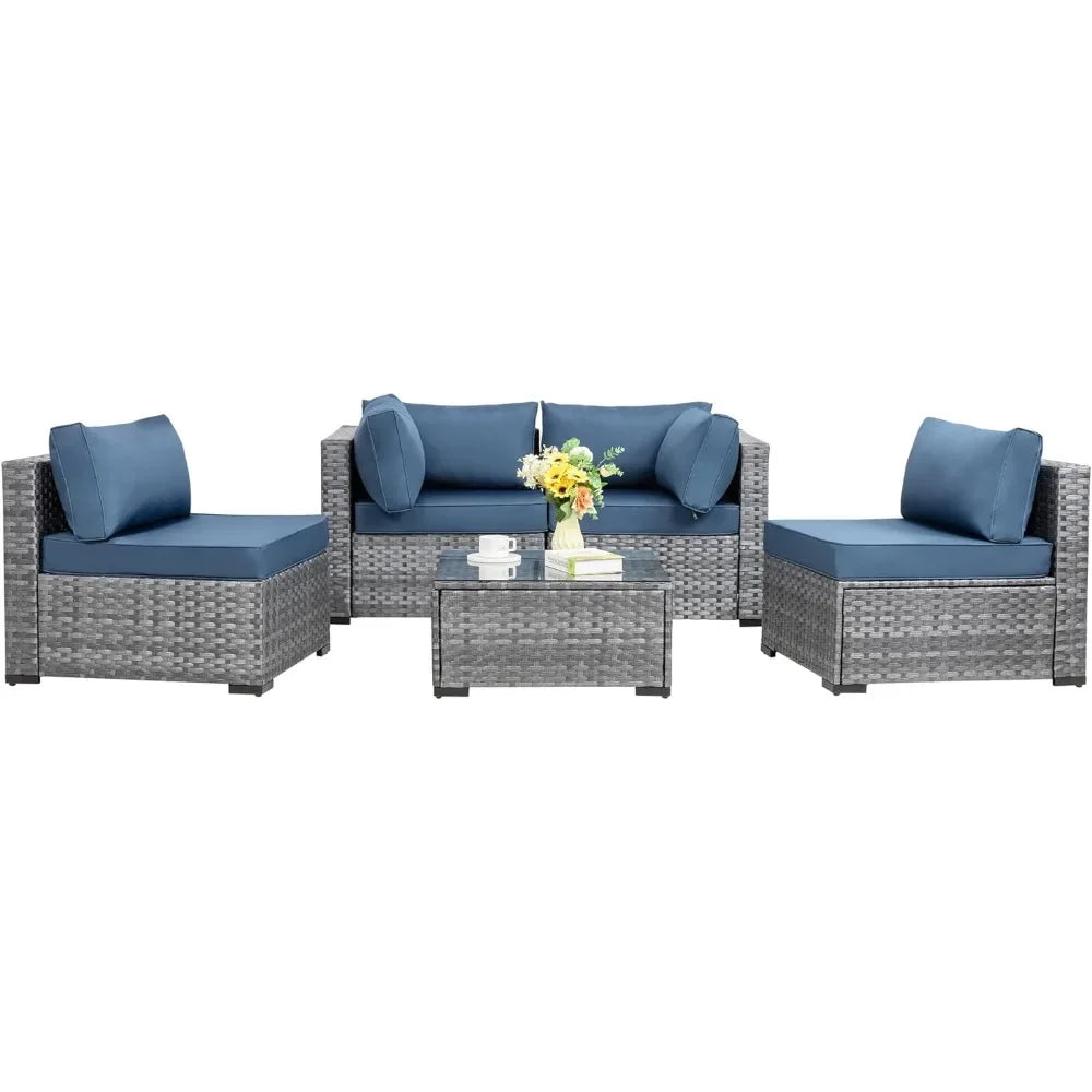 5 Pieces Outdoor Patio Sectional Sofa Couch, PE Wicker Furniture Conversation Sets with Washable Cushions & Glass Coffee Table