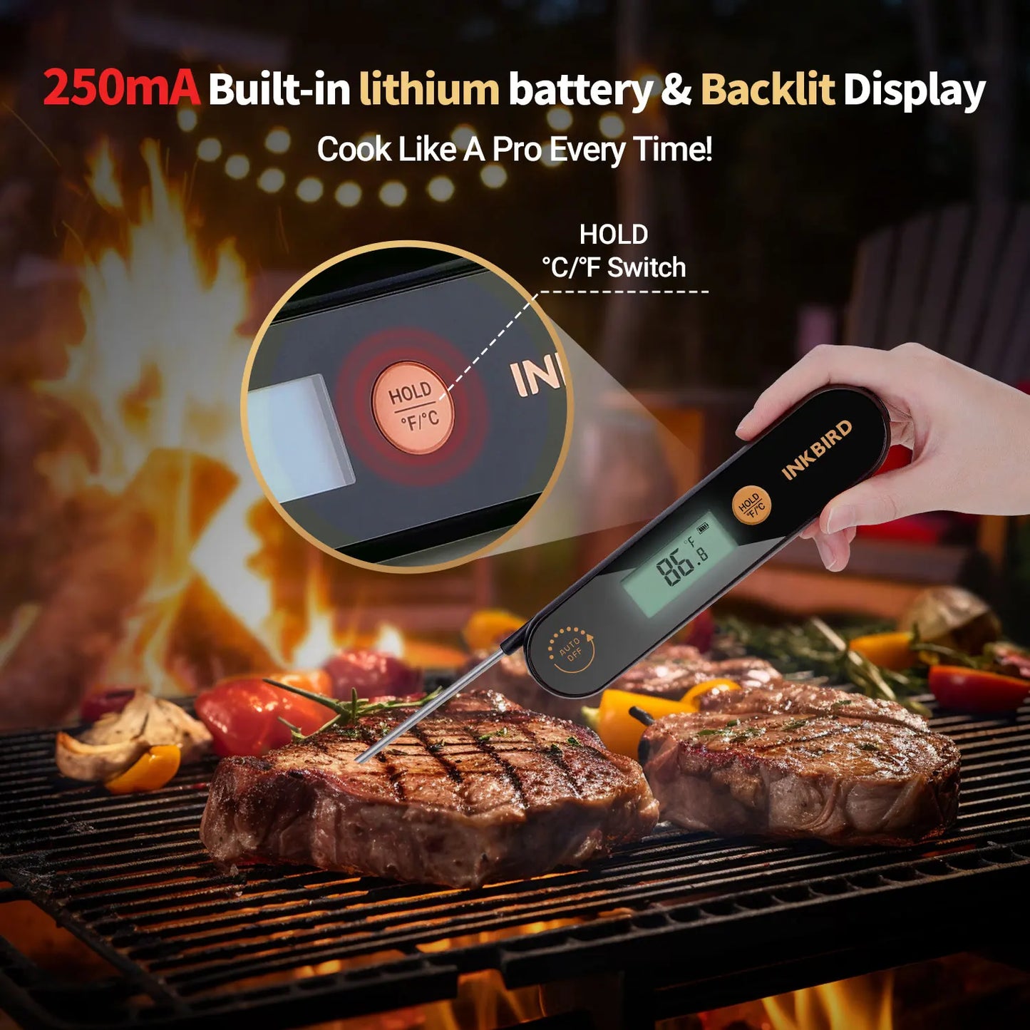 INKBIRD New IHT-1X Rechargable Digital Backlight Folding Barbecue Kitchen Cooking Instant Readin Waterproof Meat Thermometer