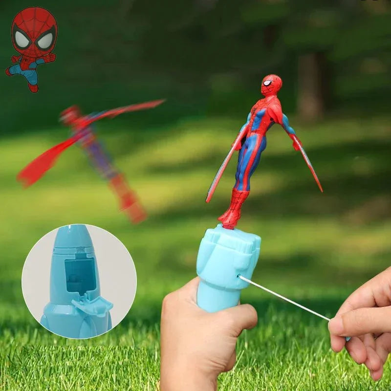 Anime Spiderman Bamboo Dragonfly Flying Toy Iron Man Captain Rotating String Flying Toys Outdoor Toy for Boys Children Gift