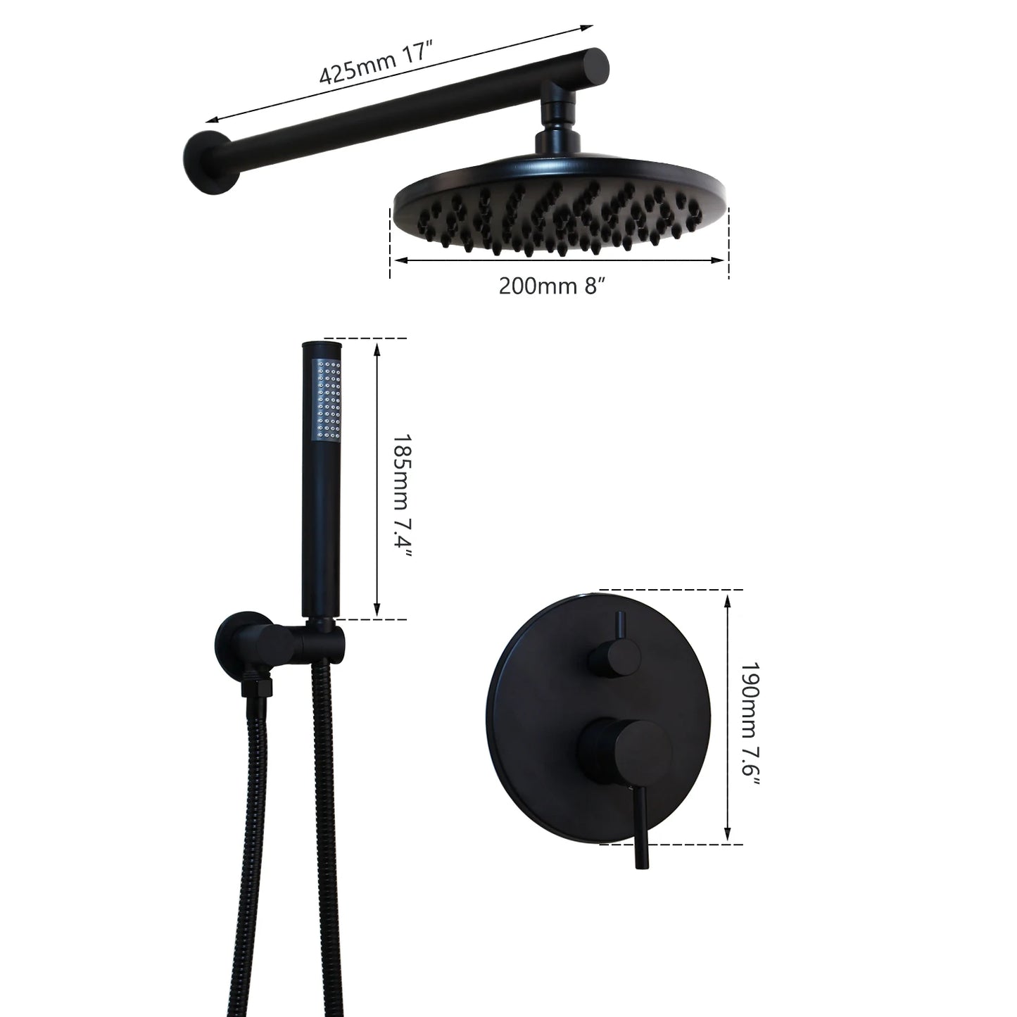 KEMAIDI Black Round Modern Rainfall Shower Systyerm Wall Mounted Bathroom Shower Faucet Sets Shower Head & Hand Shower Set