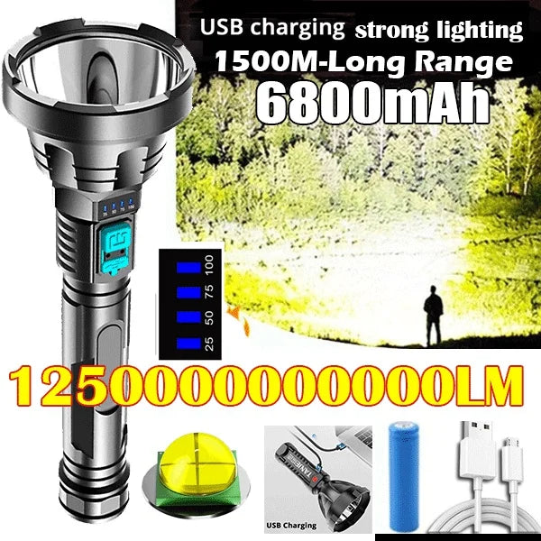 Super Bright Portable Flashlight LED Searchlight USB Rechargeable Strong Light 1500M Long-range Outdoor Torch for Hiking Running