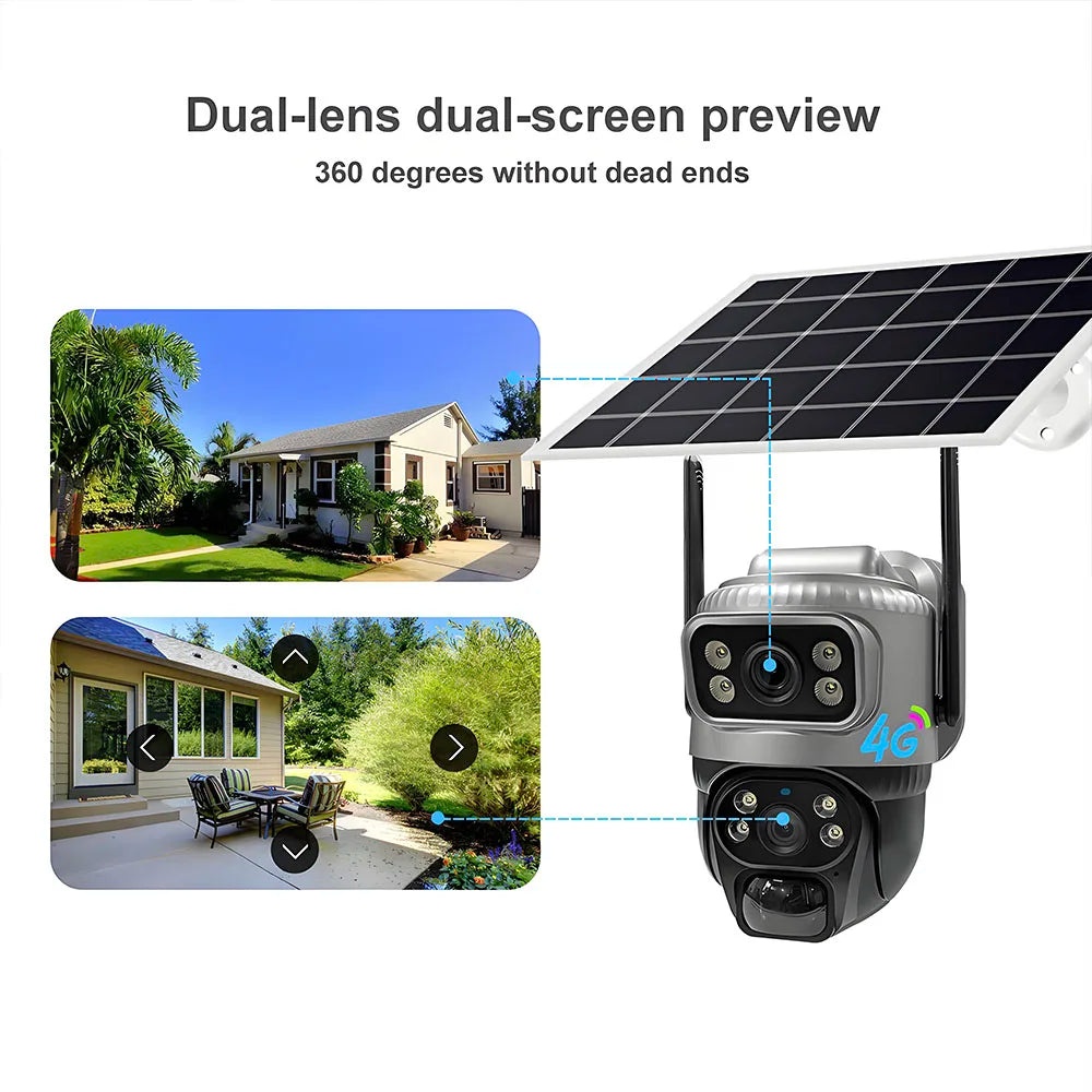 Solar Camera Outdoor Dual Lens 8MP 4G SIM IP 8000mAh Batteries Wireless Video Surveillance V380 Security Protection 360 CCTV