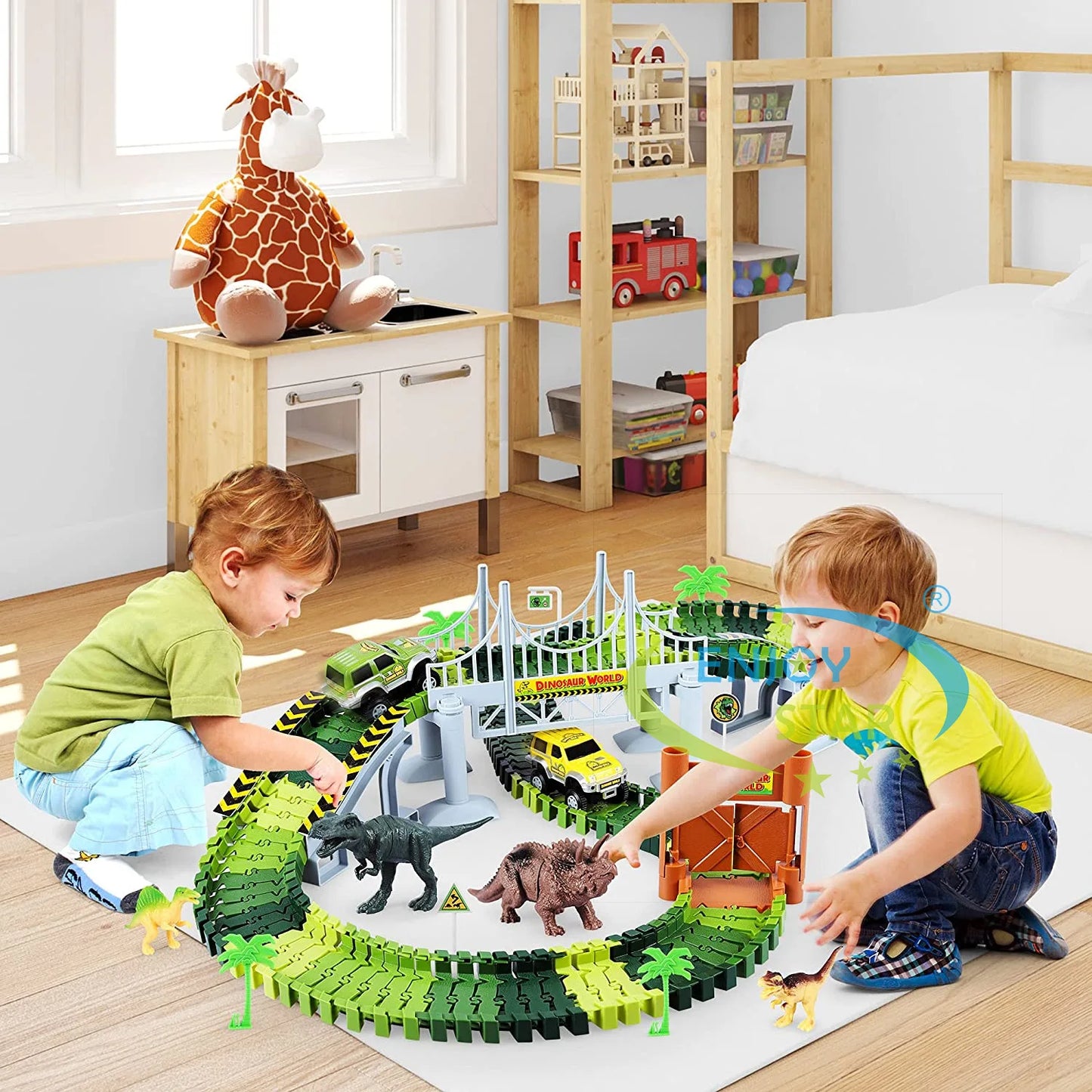 156pcs Dinosaur Railway Car Track Toy Set DIY Assemble Road Race Set with Flexible Track Dinosaur Toys Bridge Ramps Toys for Kid