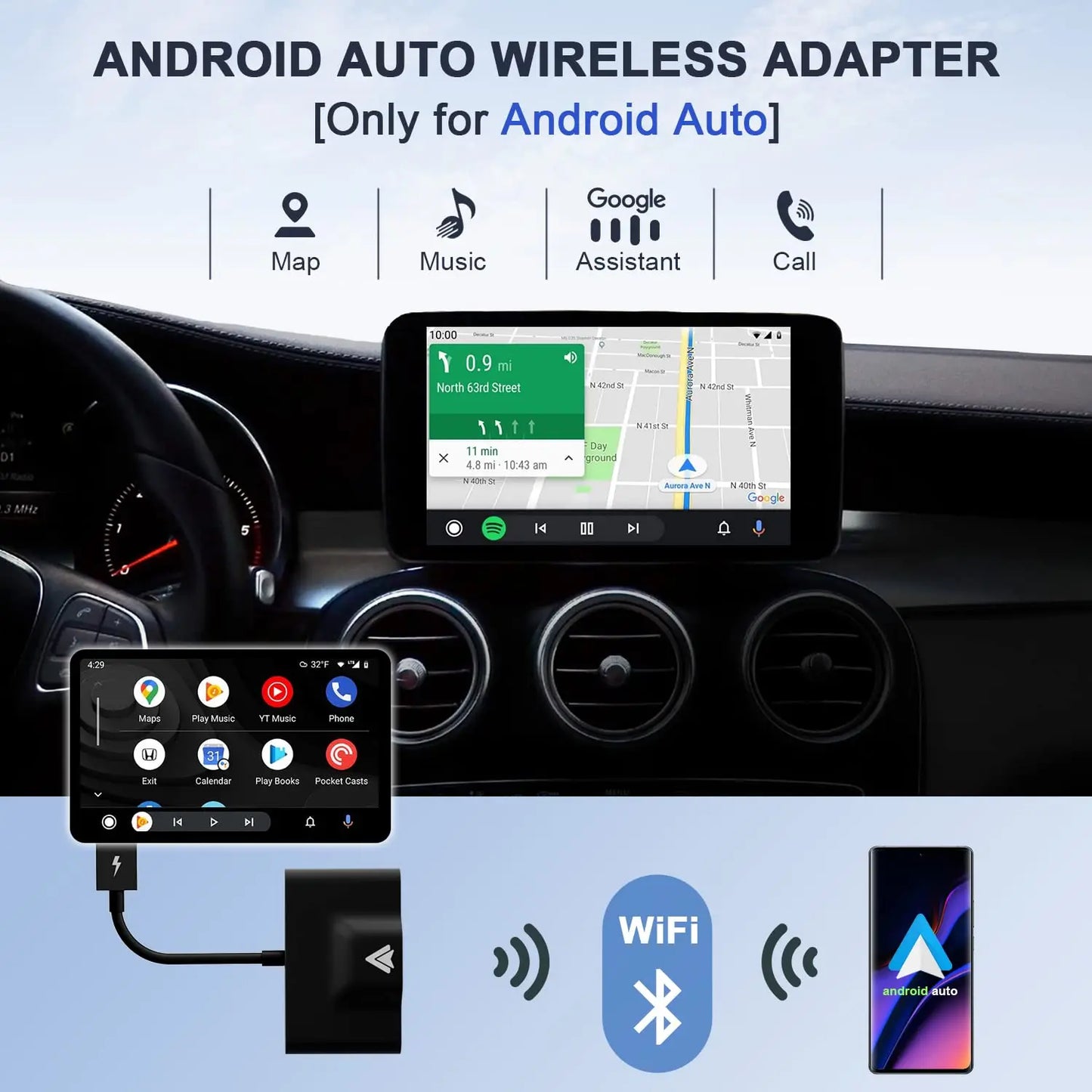 Wireless Android Auto Adapter for OEM Wired AA Cars Android Auto Dongle for Android Phone Convert Wired to Wireless 5Ghz WiFi