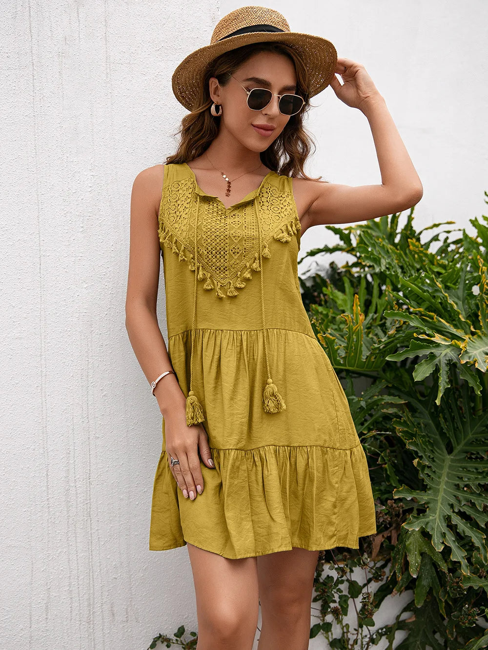 Casual Women Summer Tassel Lace High Waist Sleeveless Short Mini Dress Vestido de Mujer Solid Dresses Sundress Robe Fashion