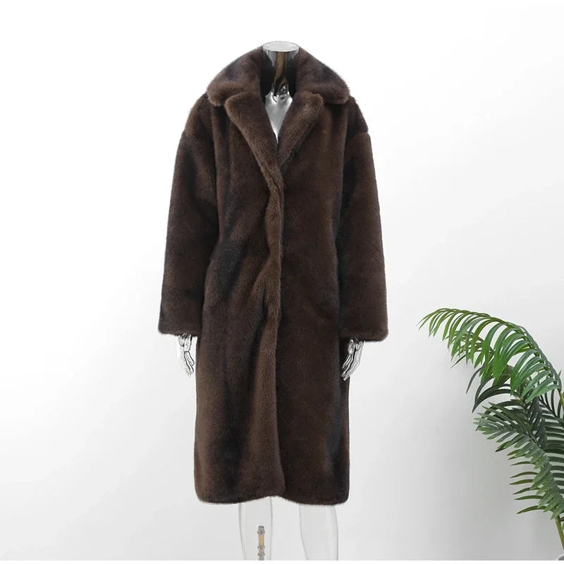 Women's Dark Brown Faux Fur Long Overcoat Single Breasted Fleece Long Trench Coat Winter Fluffy Plush Warm New Thicken Outerwear