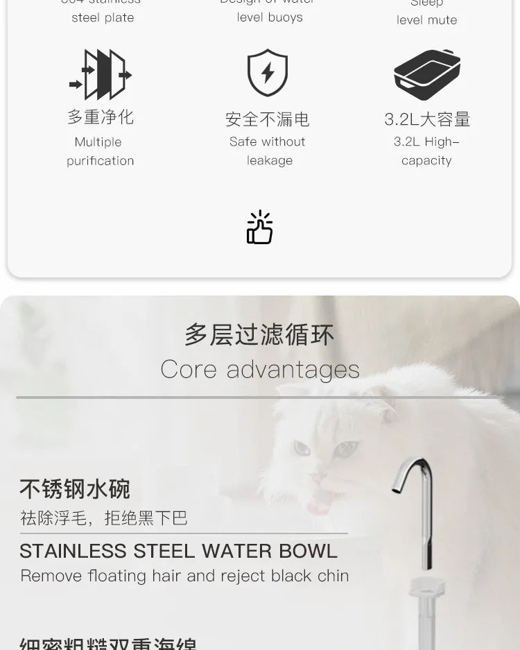 Automatic Cat Water Fountain Stainless Steel Cat Fountain with Filter Visual Water Level Pet Puppy Cats Drinking Water Dispenser