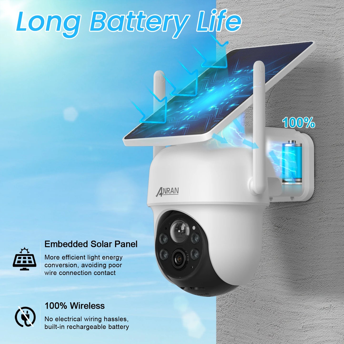 ANRAN 2K Wireless Solar Battery Camera Kit 360° PTZ Surveillance Security Outdoor Wifi Camera Set Humanoid Detection Siren Alarm