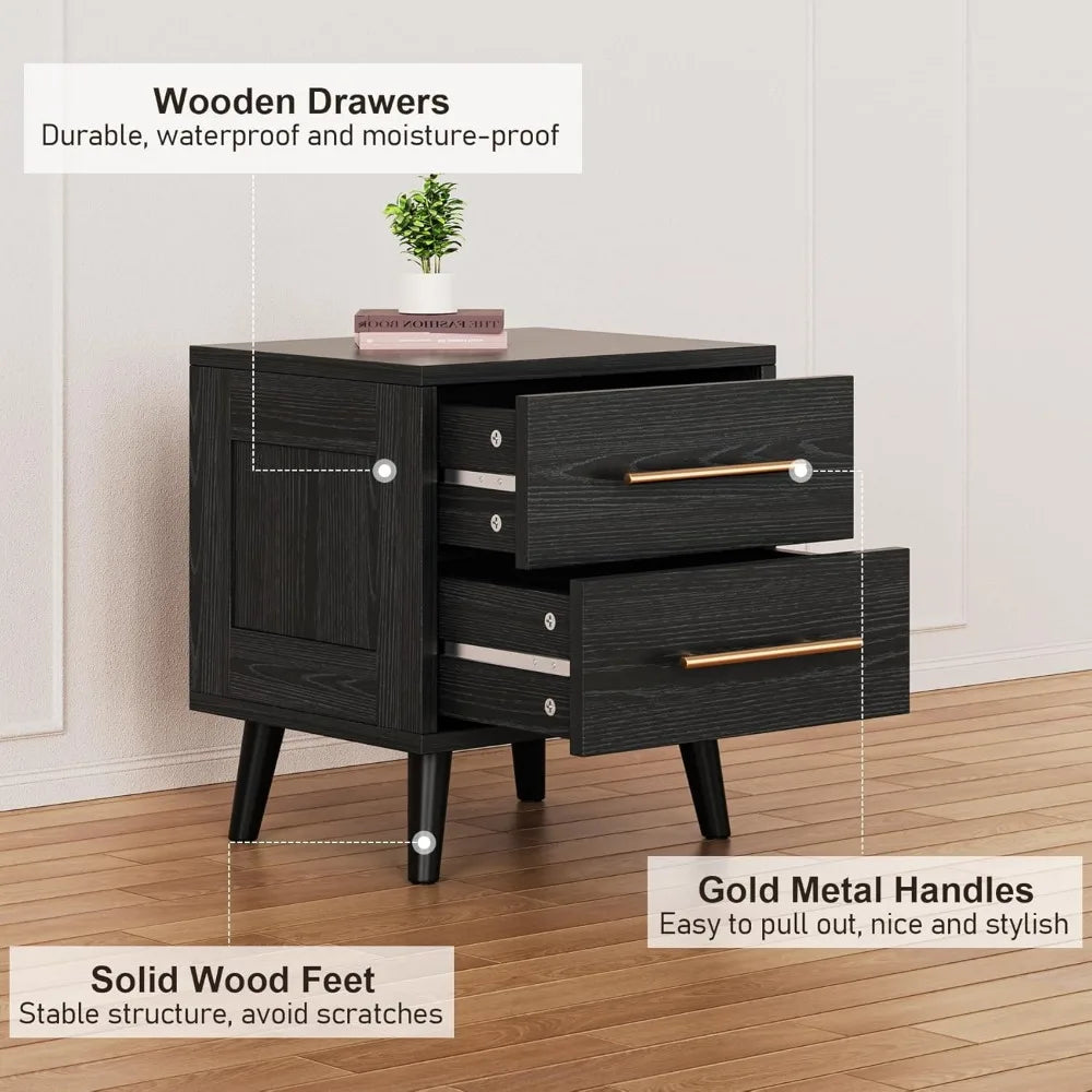 Bedside Table With Metal Handles Bedroom Furniture Black Modern Wood Night Stand 2 Drawer Dresser for Bedroom Home