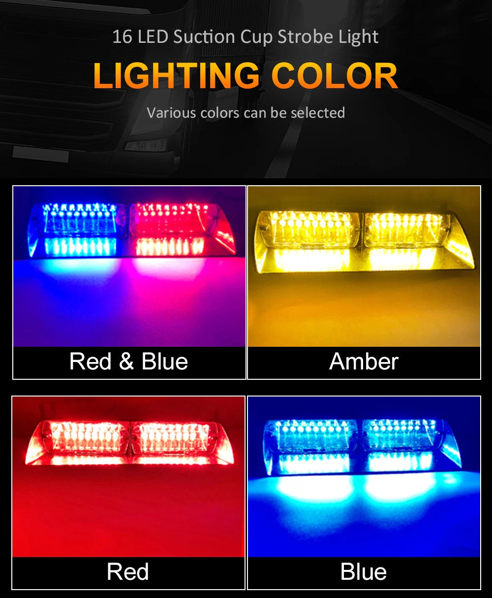 16LED Car LED Strobe Lamp 18 Model Police Lights Red/Blue Signal Lamp Flash Dash Emergency Flashing Windshield Warning Light 12V