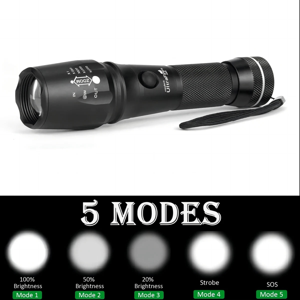 UltraFire A200 Zoom Flashlight with Traffic Wand 1000 Lumens Super Bright LED Light Safety Command Multi Purpose 18650/AAA Torch