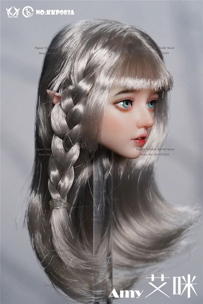 In Stock KID KING KKP003 1/6 Scale Beauty Girl Delicate Head Sculpt Sliver Curl Hair Decoration Model Toys For 12" Female Body