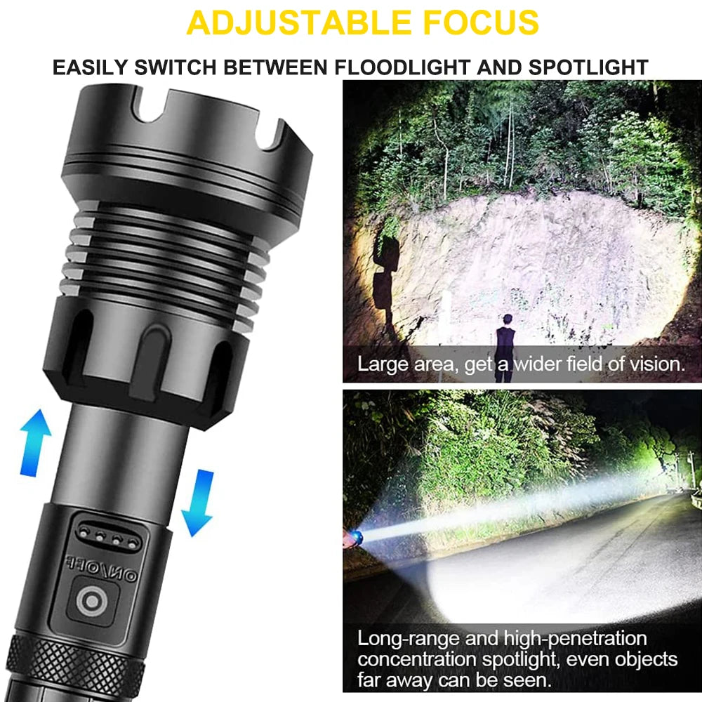 90000 Lumens LED Tactical Flashlight Rechargeable XHP90 USB Zoomable 7Modes Super Bright Floodlight Spotlight Torch Light