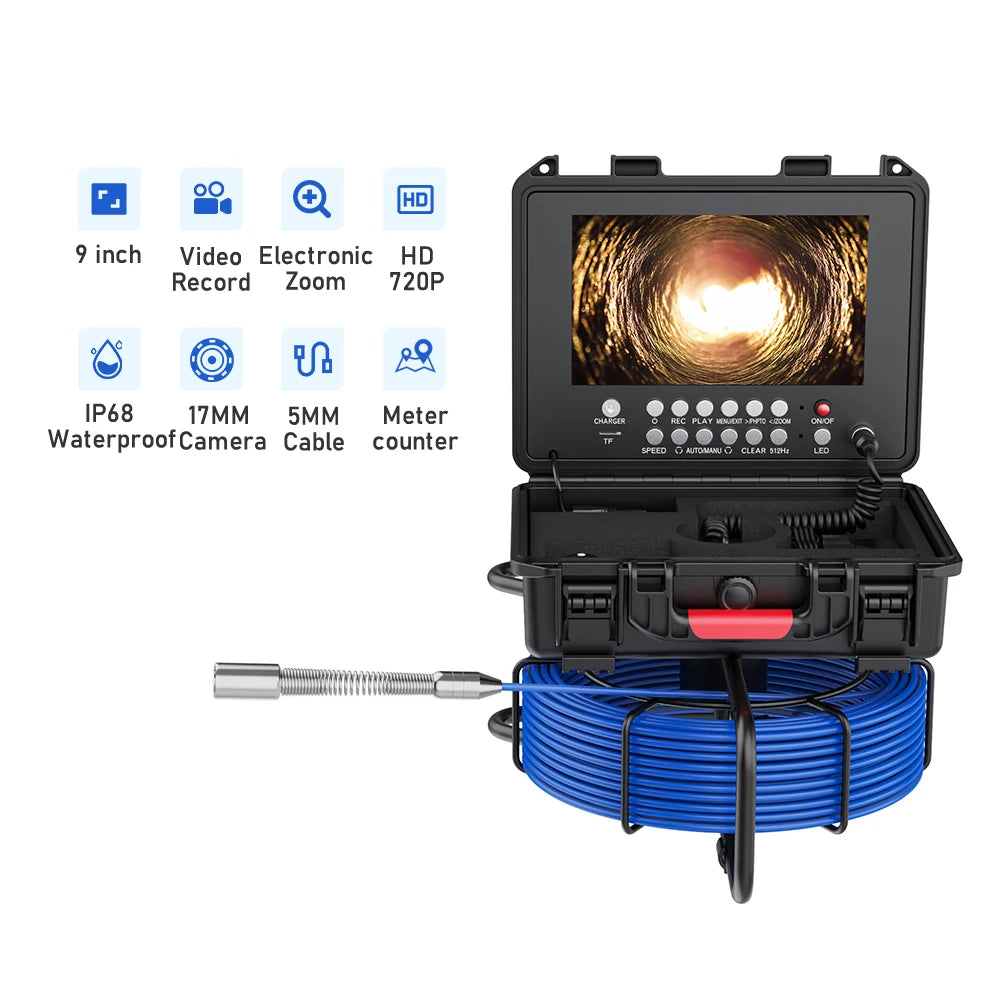 9in HD Wireless WiFi/DVR Distance Counter Sewer Pipe Inspection Camera Video Camera,Drain Industrial Endoscope with Meter Meter