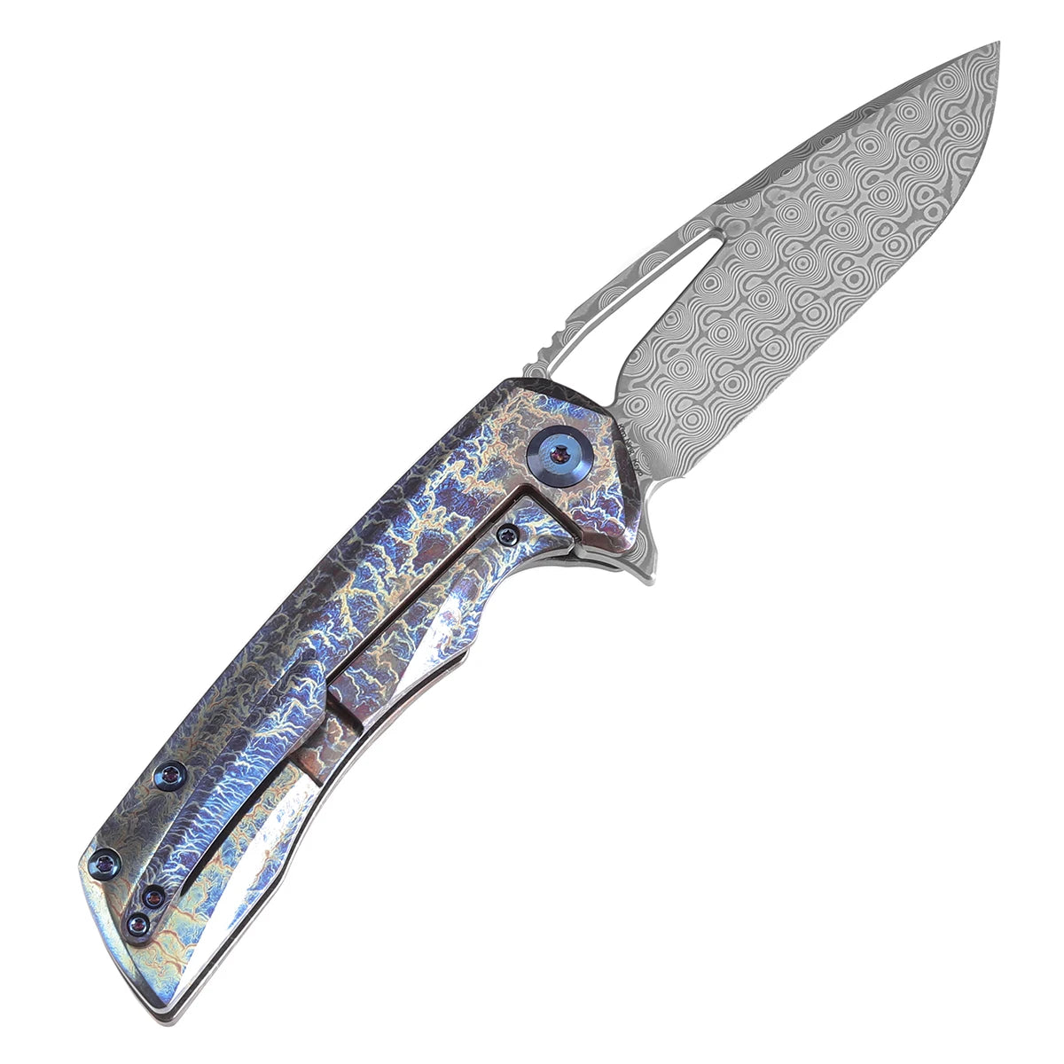 Kansept Kryo K1001A6 Folding Knife Kim Ning Designed 3.58'' Damascus with Titanium with Lightning Strike Finish Hunting Knife