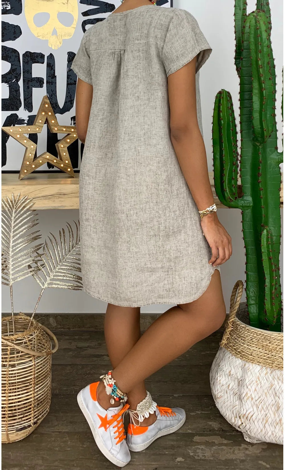 Plus Size 4XL 5XL Women Short Sleeve Dress Casual Loose V Neck Cotton Linen Mini Dress 2024 Summer Beach Sundress Female Dress