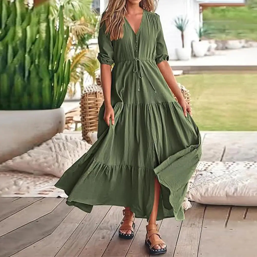 Women Summer V Neck Short Sleeve Cotton Linen Midi Dress Loose Elegant Party Long Beach Dresses Bohemian Maxi Sundress Vestidos