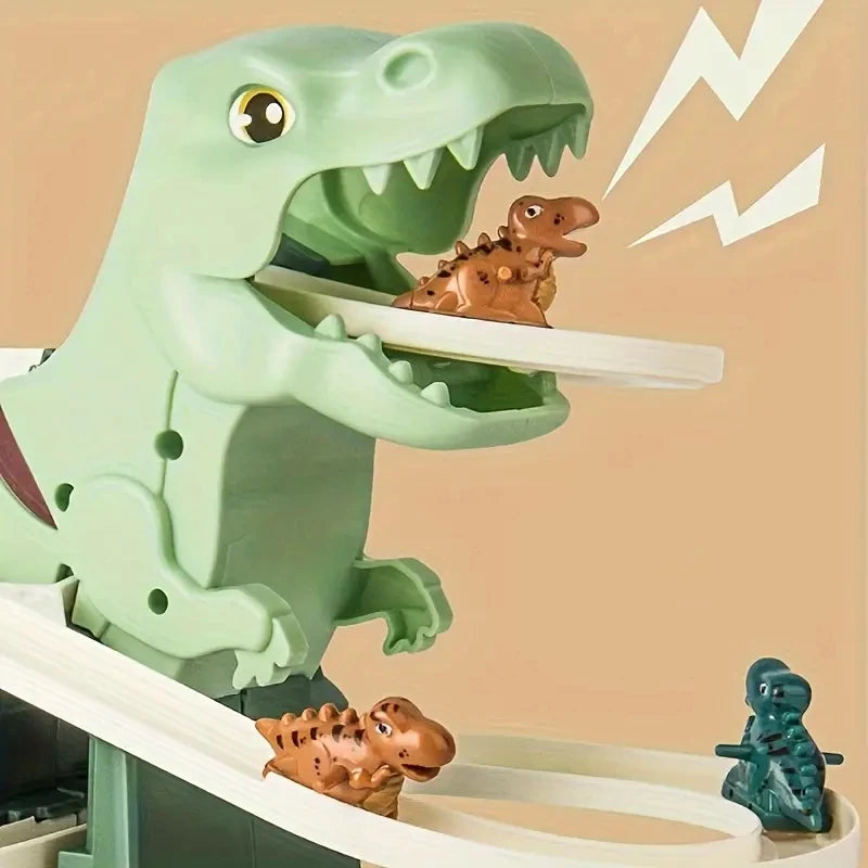 Dinosaurs Climbing Slide Light Up Music Stairs Toy With 6Pcs Dinosaur Alloy Race Cars,Puzzle Fun Electric Slide Track Toy Car