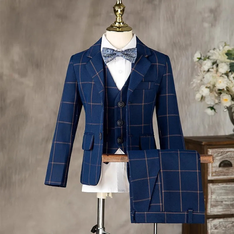 Boys Formal Navy Plaid Suits Set Children Host Piano Performance Birthday Party Photography Costume Kids Blazer Pants