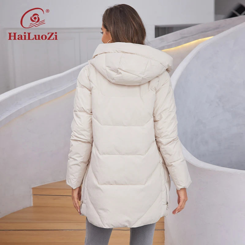 HaiLuoZi 2023 New Women Winter Jackets Warm Hooded Thick Bio-Cotton Female Parkas Solid Color Big Pockets Women‘s Coats 1139