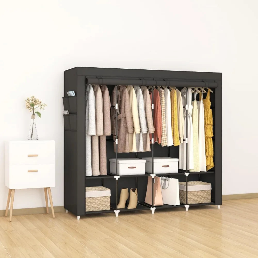 67 in Portable Closet Wardrobe for Hanging Clothes, Wardrobe Closet , 4 Hanging Rods and Side Pockets, 8 Storage Shelves