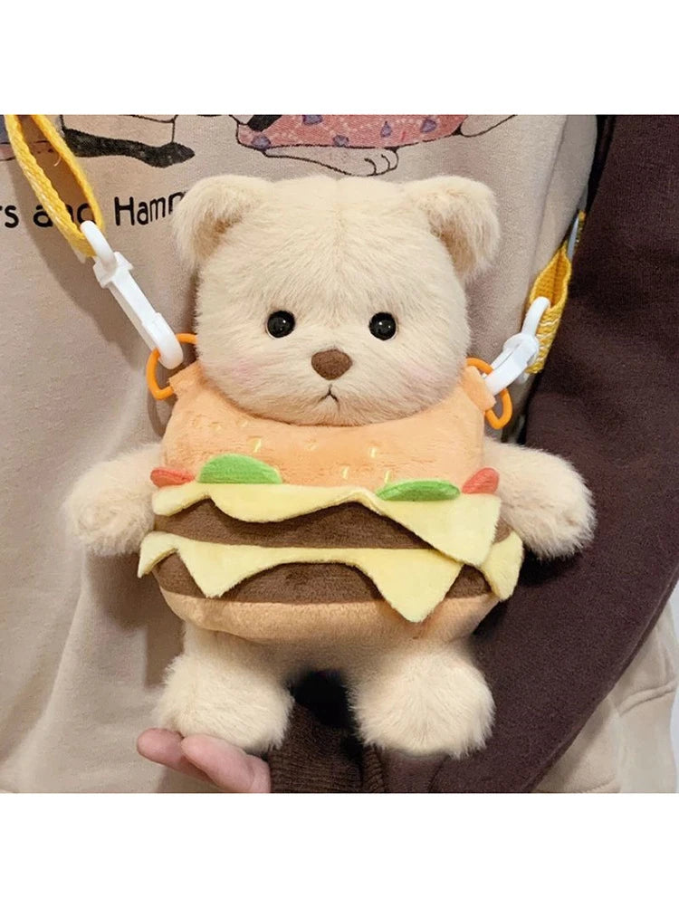 Cute Bear Crossbody Bags for Girls Soft Plush Doll Bear Shoulder Bags Lovely Girls Mini Bags Baby Infant Hamburger Toys Gifts