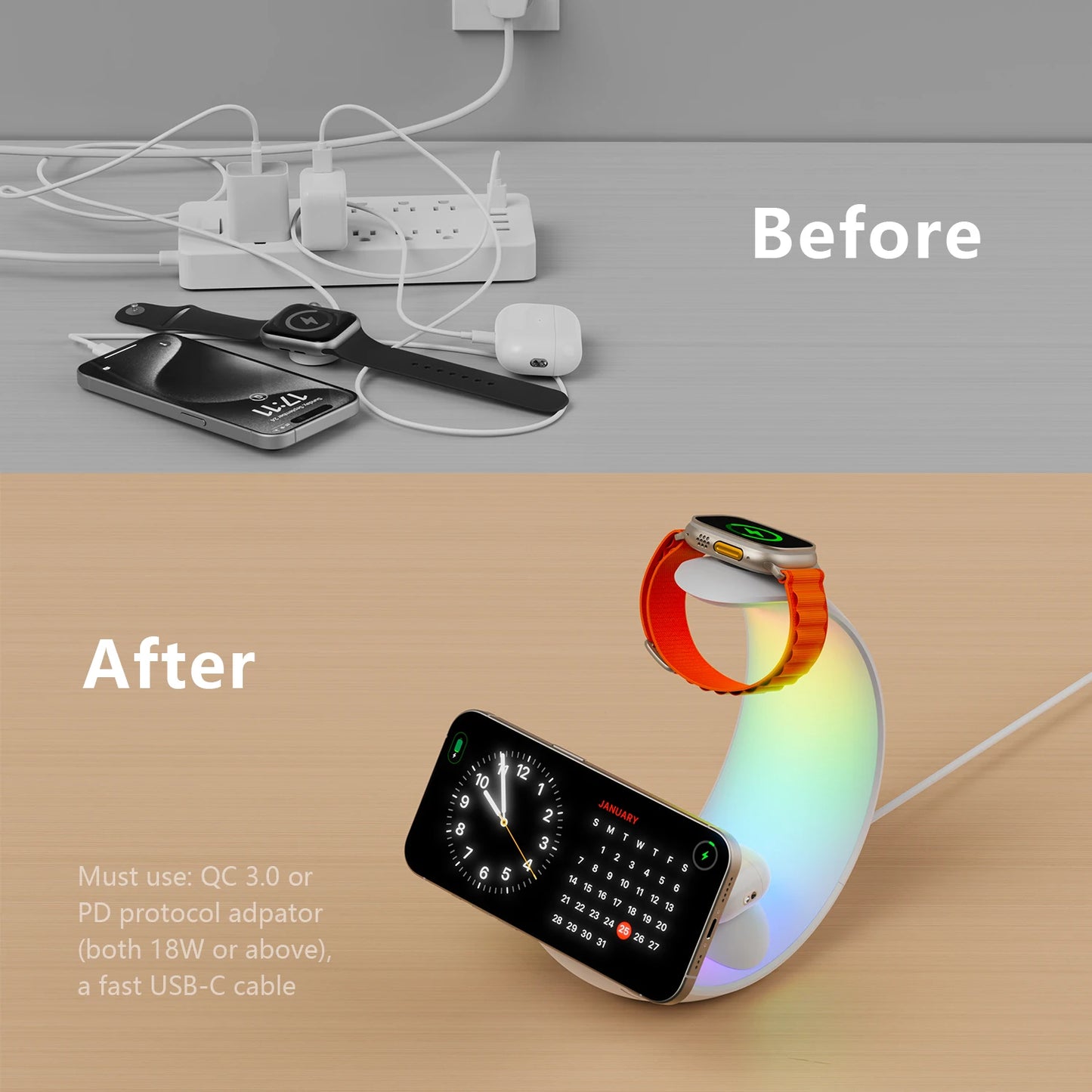 Wireless Charger MagSafe Air Pods Apple Watch Phone Holder RGB Moon For iPhone Samsung iWatch Night Light Bedroom Home Office