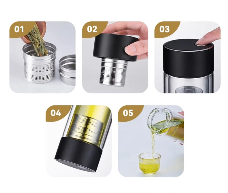 Glass Water Bottle With Tea Strainer and Magnetic Cup Lid Heat-Resistant Water Cup Portable Leak-Proof Office Household Tea Cup