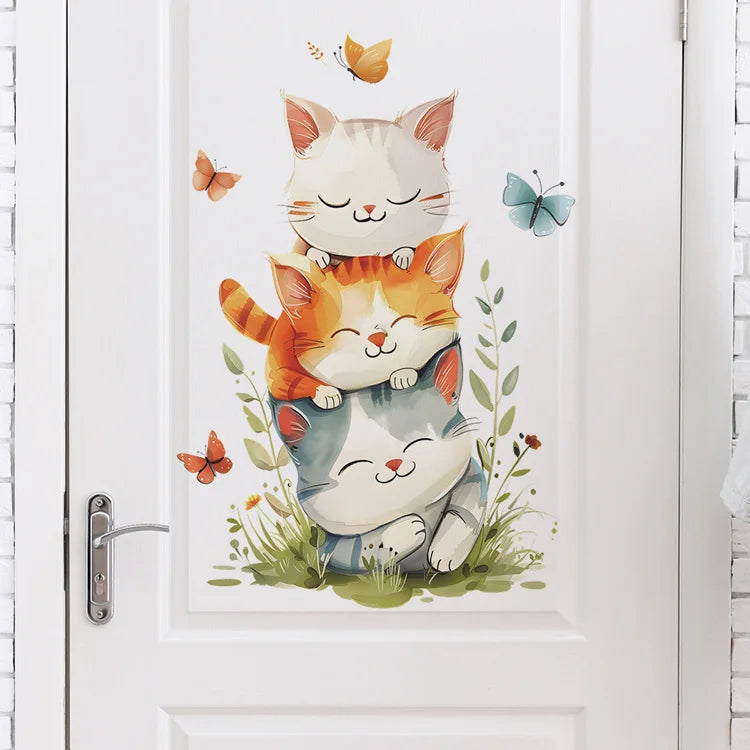 Cute Cats Overlap Wall Stickers Kids Room Decoration Mural Baby Bedroom Home Decor Cartoon Kitten Self-adhesive Decals Beautify