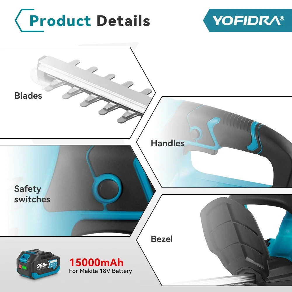 YOFIDRA 2000W Electric Hedge Trimmer 15000 RPM Lawn Mower Garden Landscaping Hedge Pruner Trimmer Tool For Makita 18V Battery